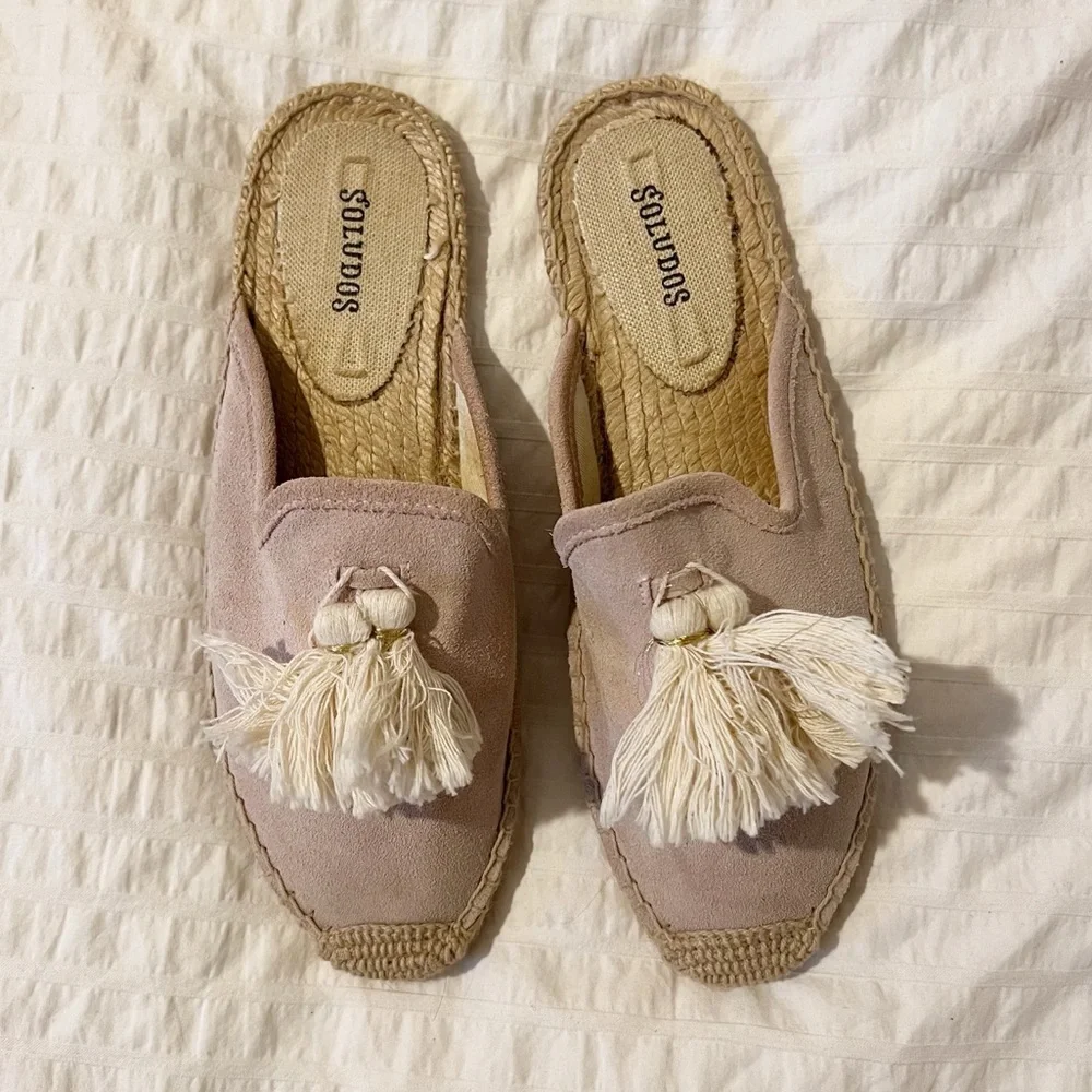 Soludos Peony Pink Suede Tassel Espadrille Mule Slip-On Flats Sandals 7